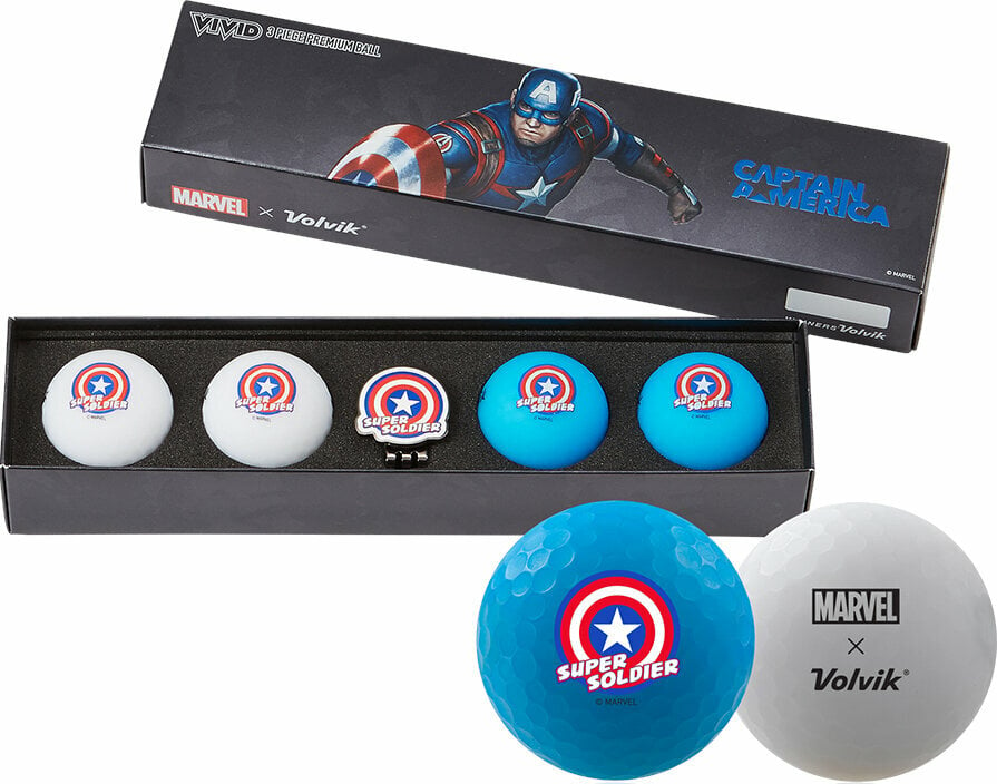 Volvik Vivid Marvel 2.0 4 Pack Golf Balls Captain America Plus Ball Marker White/Blue Volvik