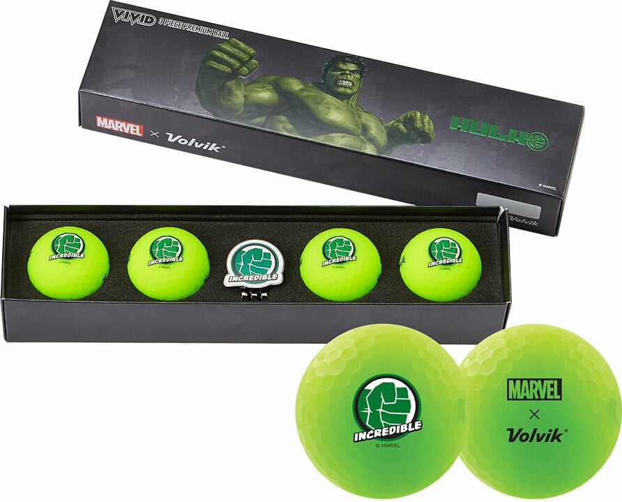 Volvik Vivid Marvel 2.0 4 Pack Golf Balls Hulk Plus Ball Marker Green Volvik