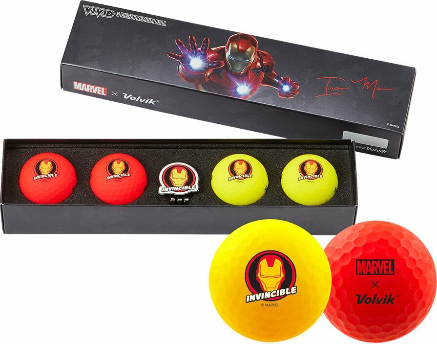 Volvik Vivid Marvel 2.0 4 Pack Golf Balls Iron Man Plus Ball Marker Red/Yellow Volvik