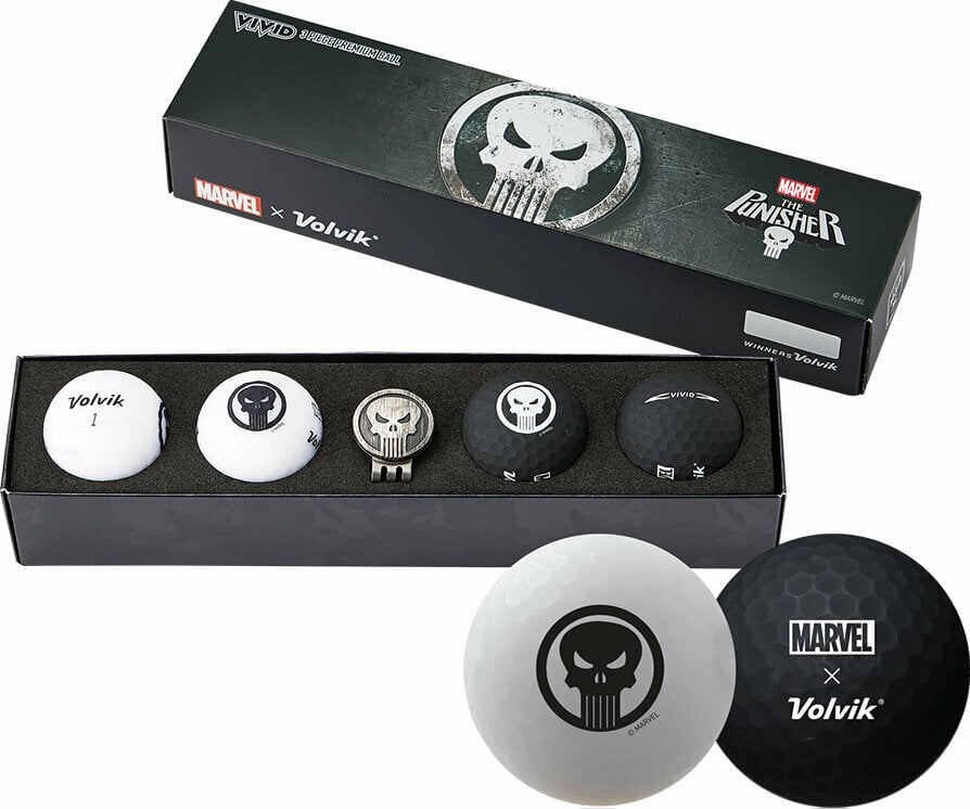 Volvik Vivid Marvel 2.0 4 Pack Golf Balls The Punisher Plus Ball Marker White/Black Volvik