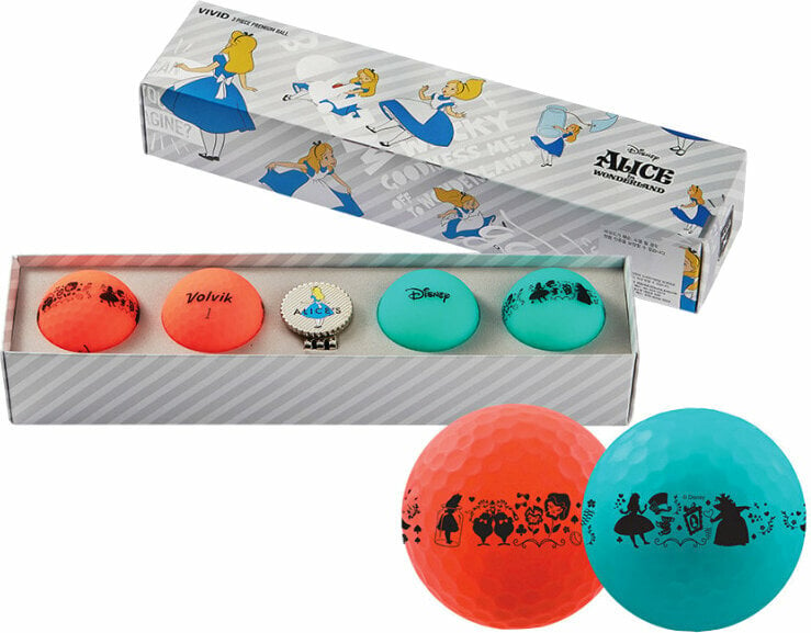 Volvik Vivid Disney 4 Pack Golf Balls Gift Set Alice in Wonderland Plus Ball Marker Red/Blue Volvik