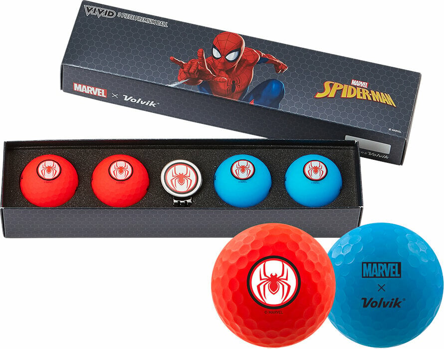 Volvik Vivid Marvel 2.0 4 Pack Golf Balls Spider Man Plus Ball Marker Red/Blue Volvik